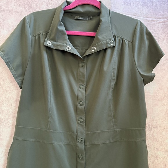 Prana Shadyn Green Athleisure Dress Snap Down Front Stretch Pockets Women's L - Picture 2 of 12